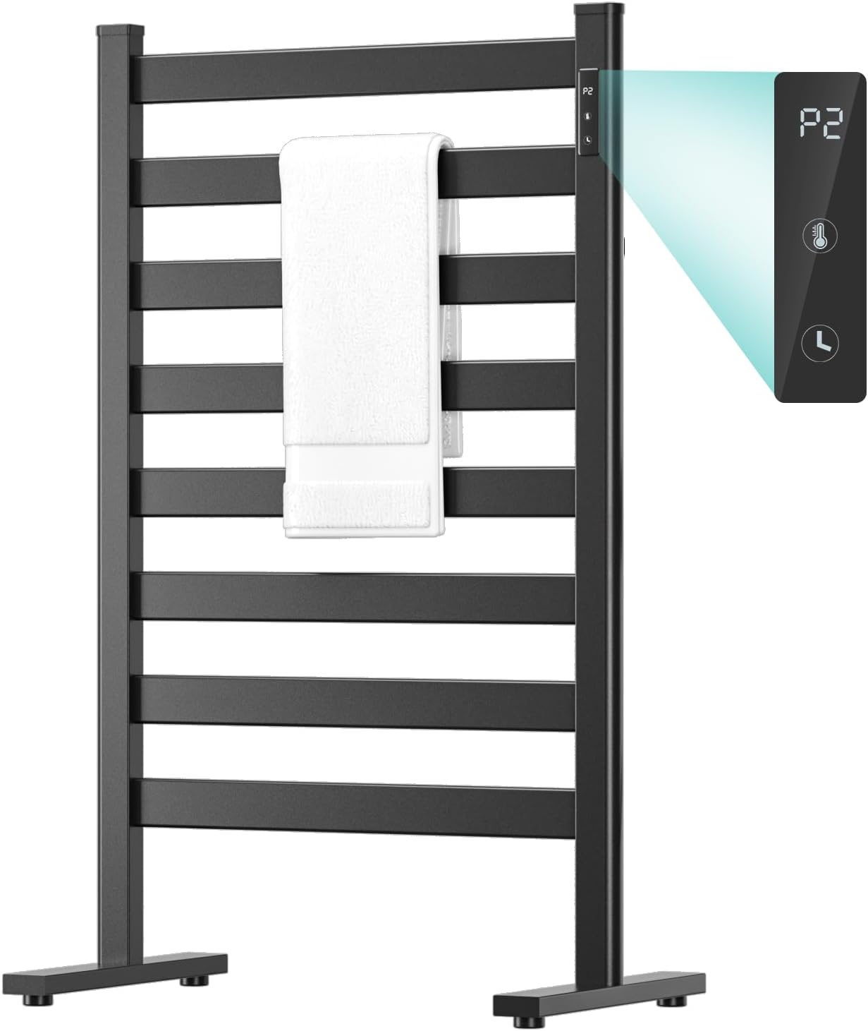 Zelngo Heated Towel Rack for Bathroom, Smart Electric Towel Warmer, Timer, Fast Heating, Constant Temperature, Plug-in/Waterproof, Black, 8 Bars (Freestanding with Pulley Stand)