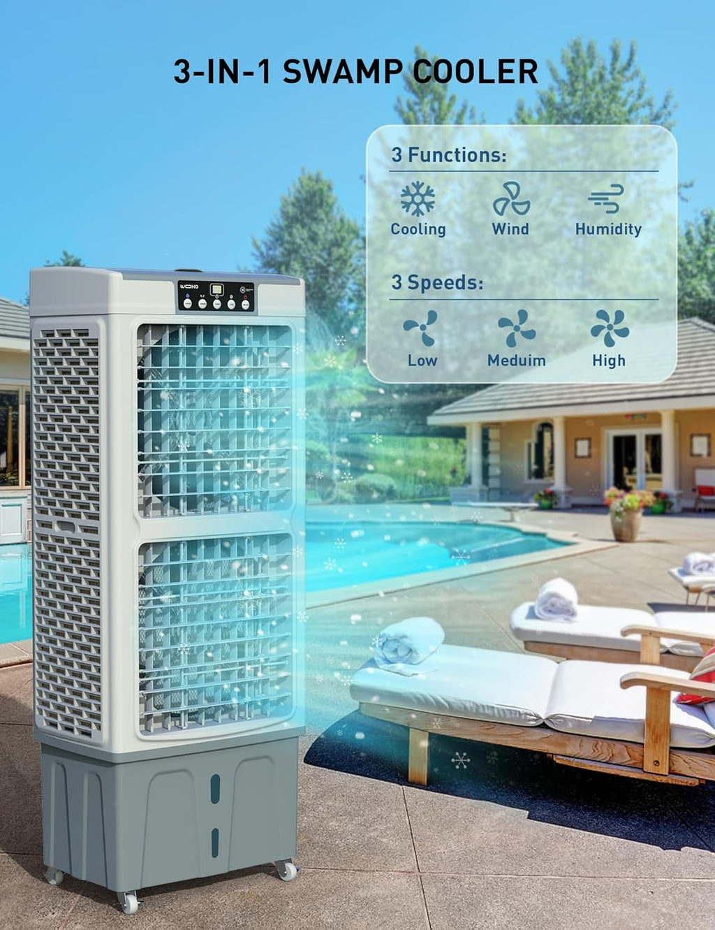 Zelngo 5000 CFM Portable Swamp Cooler, 50" Evaporative Air Cooler with 9.3 Gal Water Tank, 100°Oscillation Large Air Cooler with Remote Control, 24H Timer 3 Speeds, 2 Ice Pack for Outdoor Indoor