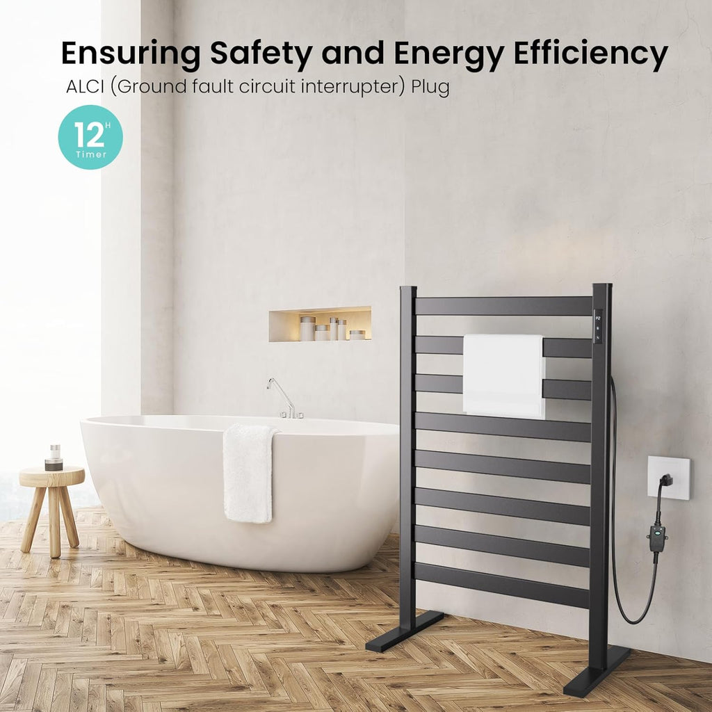 Zelngo Heated Towel Rack for Bathroom, Smart Electric Towel Warmer, Timer, Fast Heating, Constant Temperature, Plug-in/Waterproof, Black, 8 Bars (Freestanding with Pulley Stand)