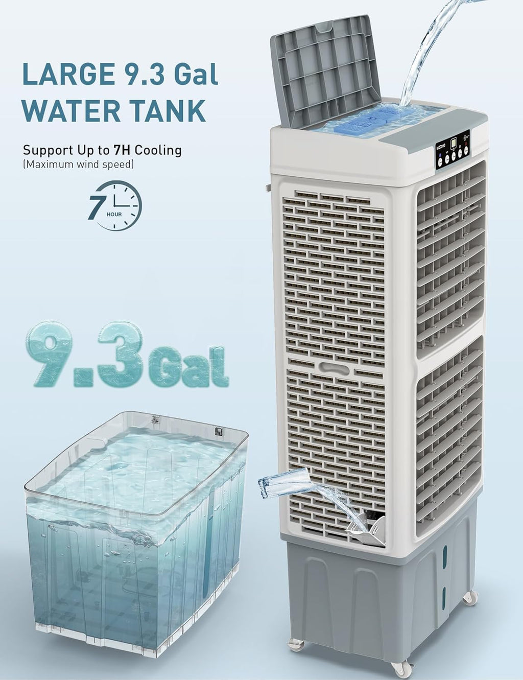 Zelngo 5000 CFM Portable Swamp Cooler, 50" Evaporative Air Cooler with 9.3 Gal Water Tank, 100°Oscillation Large Air Cooler with Remote Control, 24H Timer 3 Speeds, 2 Ice Pack for Outdoor Indoor
